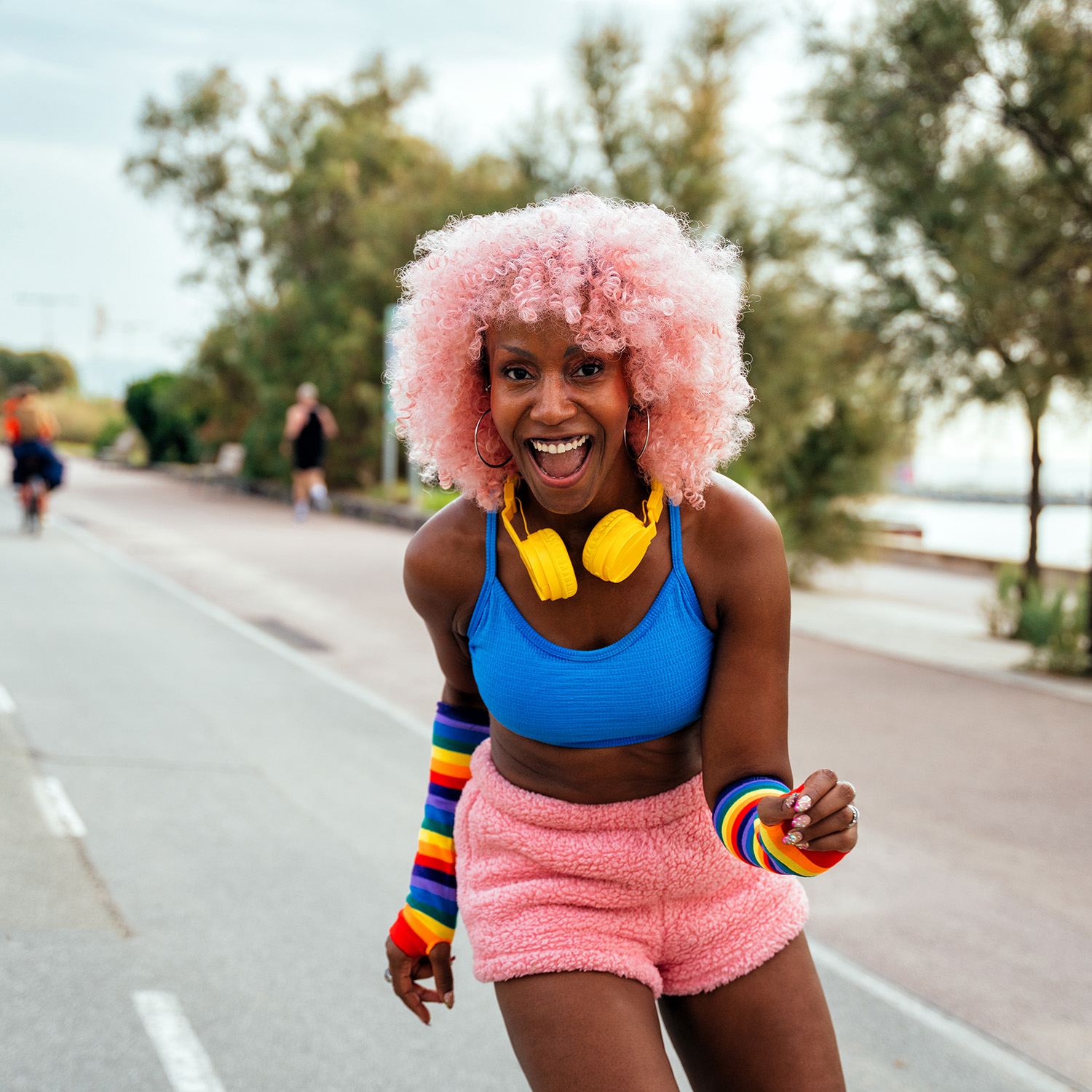 Beautiful woman skating with roller skates and having fun.